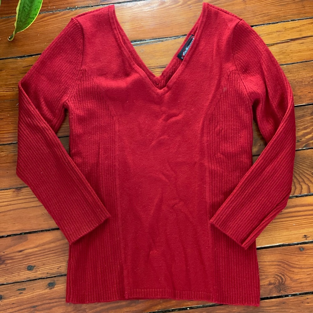 Takeout V-Neck Sweater Red Ribbed Retro 3/4 Sleeve Size Large